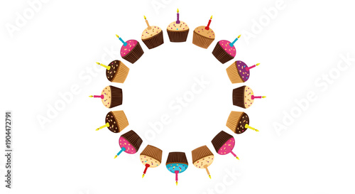 Festive circular arrangement of various colorful cupcakes with lit birthday candles on a plain white background.