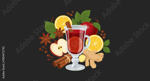 Glass of mulled wine with an orange slice surrounded by apples, ginger, cinnamon, star anise, and cloves on dark gray.