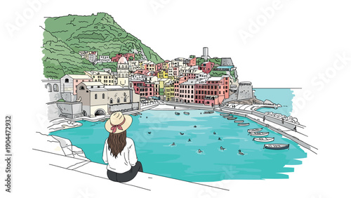 Charming coastal village with colorful houses and serene waterfront scene in italy