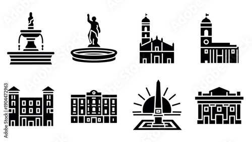 Iconic city landmarks in modern silhouette style