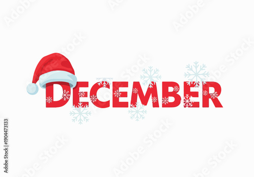 Vibrant red 'December' typography adorned with a classic Santa hat and delicate snowflakes, embodying the cheerful spirit of the festive holiday season and winter wonderland