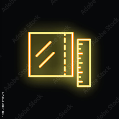 Neon yellow sewing pattern with ruler glowing on black background