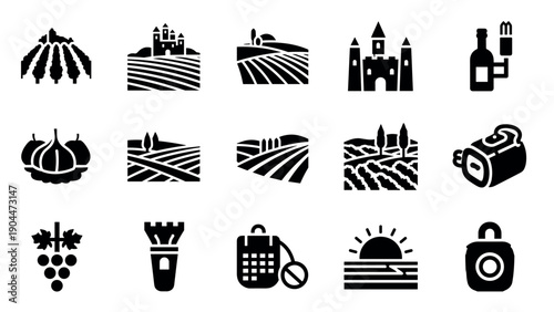 Rustic icons of vineyards and countryside in bold silhouette style
