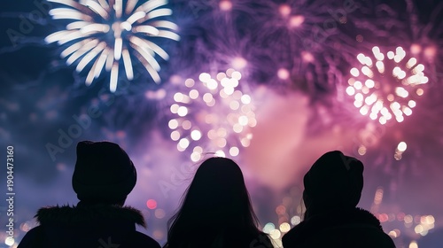 Three friends enjoy a rooftop gathering at midnight, watching colorful fireworks burst in the sky as they celebrate together in the city