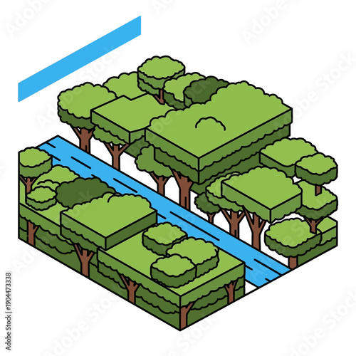 Isometric illustration of a serene forest landscape with a winding river.