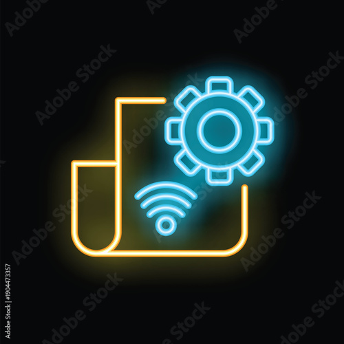 Bright neon icon of a smartphone being updated, featuring a gear and a wifi signal on a black background