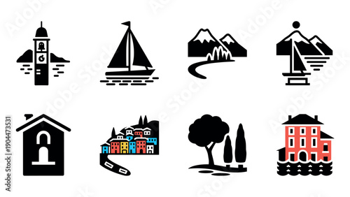 Charming coastal and mountain scenes in minimalist silhouette art style