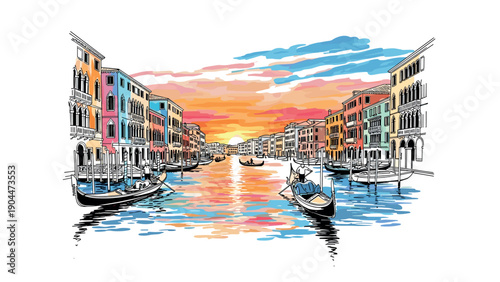 Colorful canal at sunset with gondolas and architecture in vibrant hand-drawn style