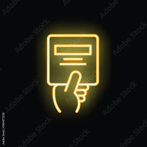 Neon style icon of a hand holding a document with the index finger pointing at it