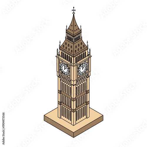Isometric illustration of Big Ben clock tower in London England.