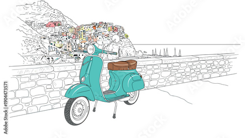 Classic scooter overlooking italian coastal town in charming line art scene