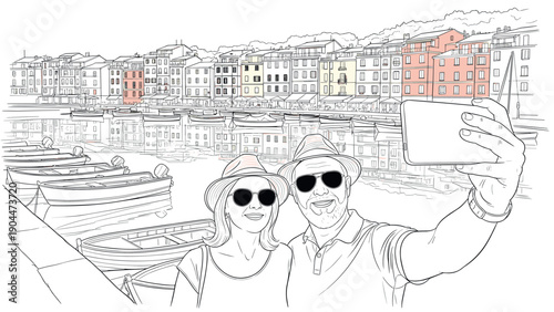 Outline of a couple taking a selfie at a marina with colorful buildings in the background