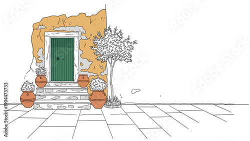 Charming mediterranean entrance with green door and potted plants on rustic stone steps