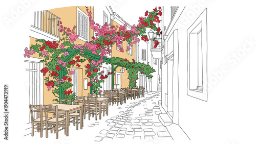 Charming mediterranean street with flowering vines and outdoor seating