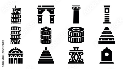 Icon set of famous monuments in simple black silhouette style