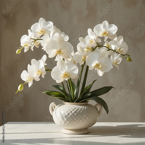 White orchid flowers in a decorative vase on a table.