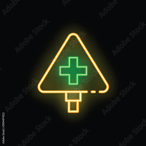 Glowing neon sign showing a hospital road sign on a brick wall background