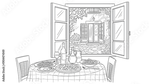 Cozy italian dining scene with open window view of courtyard in black and white outline