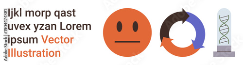 Emotion , genetic research, communication, process visualization, scientific concepts, biology. Neutral face, circular arrows DNA strand. Genetic research and scientific concepts