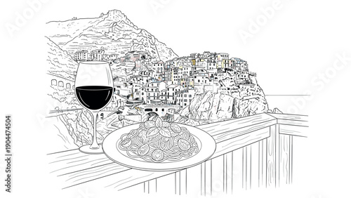 Italian coastal dining with pasta and wine overlooking colorful cliffside village