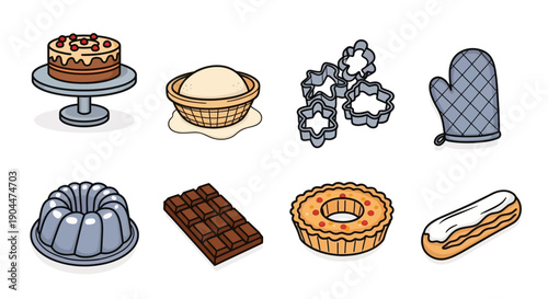 Collection of baking ingredients and equipment.