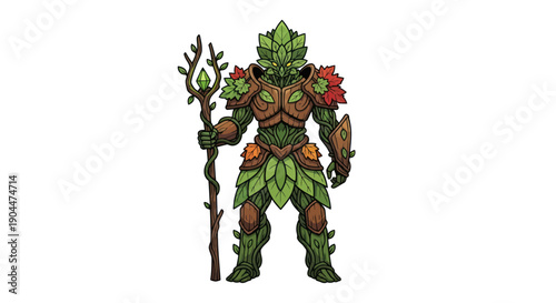 Fantasy creature with leaf armor and staff