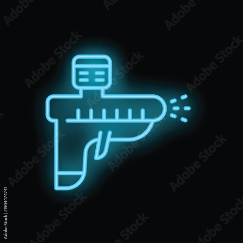 Bright blue neon icon of a paintball gun shooting, perfect for any paintball related design