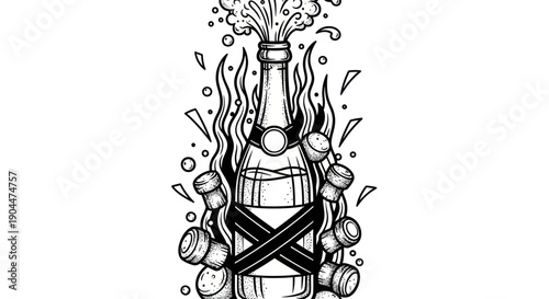 Illustration of a champagne bottle popping with corks and bubbles