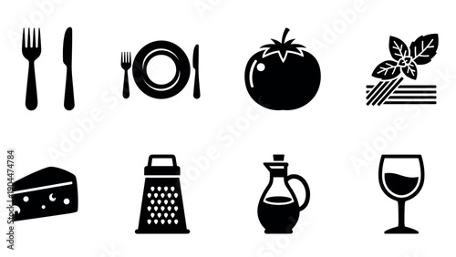 Culinary silhouette icons featuring tableware, tomato, basil, cheese, grater, oil, wine glass