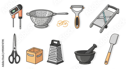 Collection of kitchen utensils for food preparation.