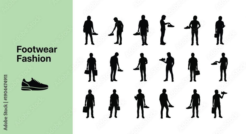 Fototapeta premium Collection of diverse male silhouettes showcasing various poses related to selecting holding and interacting with fashionable athletic footwear icons for retail design