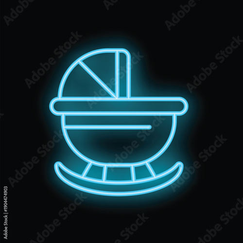 Neon sign of a baby cradle rocking gently, representing the concept of parenthood, childhood, and the anticipation of a new arrival