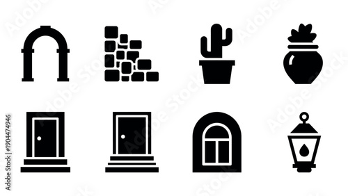 Minimalist black silhouette icons of doors, windows, and decor elements for home design