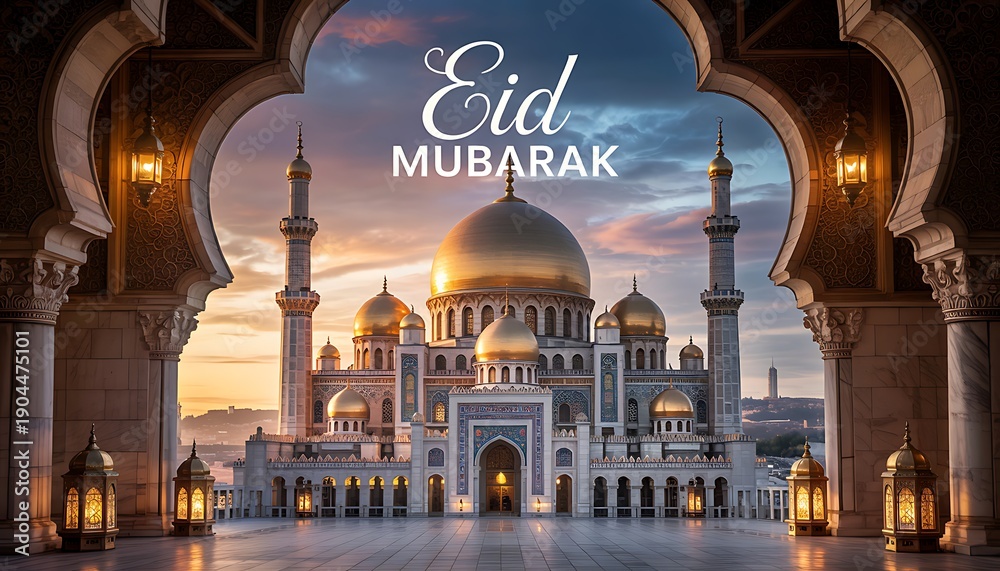 Fototapeta premium Beautiful eid mubarak greeting with a stunning mosque silhouetted against a sunset sky