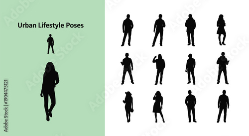 Collection of diverse urban lifestyle poses featuring various men and women silhouettes showcasing different casual everyday activities and modern styles