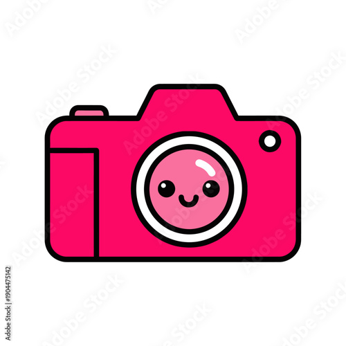 Cute Pink Camera Icon with Smiling Face in Lens