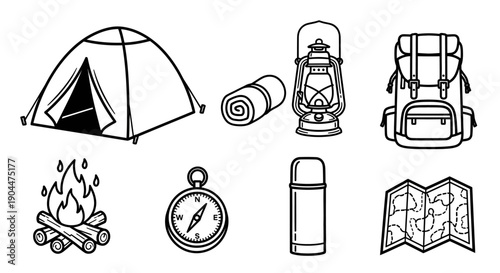 Camping and Hiking Outdoor Adventure Equipment Icons Set