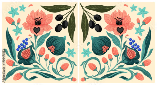 Symmetrical botanical illustration with figs, olives, and vibrant flowers