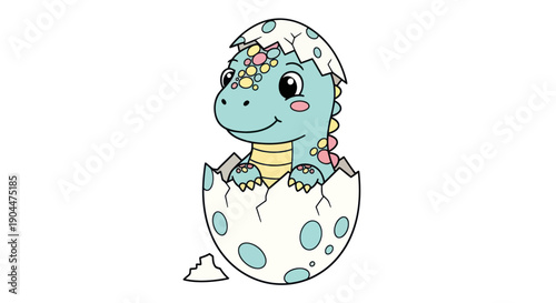 Adorable baby dinosaur hatching from a colorful egg illustration.