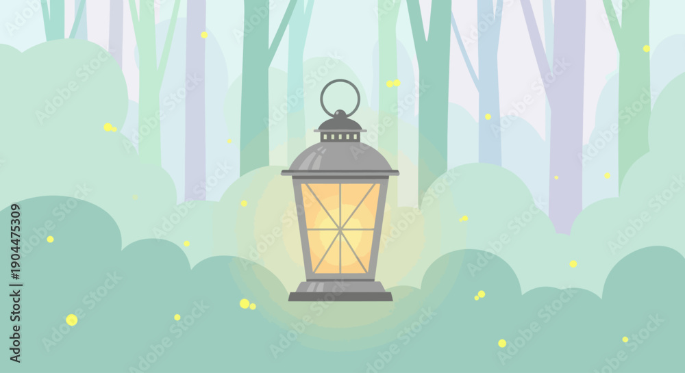 Fototapeta premium Magical forest scene with a glowing lantern and whimsical fireflies