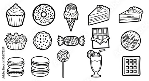 Black and White Outline Icons of Desserts and Sweets Collection