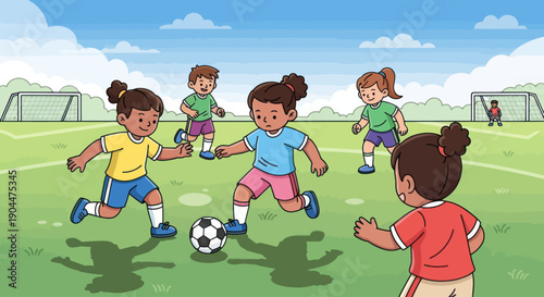 Kids playing soccer together on a sunny outdoor field, enjoying a friendly match.