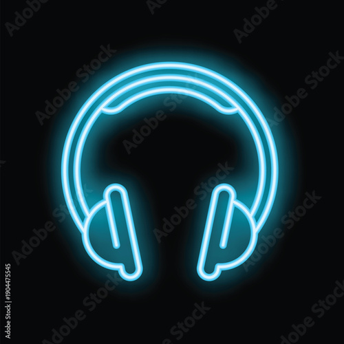 Headphones glowing with blue neon light on dark background, concept for music, podcasts or listening to audio content