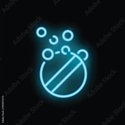 Blue neon sign of a round effervescent bath bomb fizzing in water, isolated on a black background
