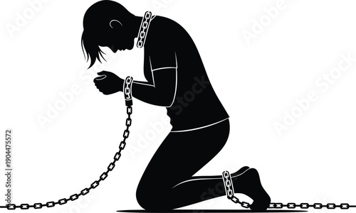 WebBlack Silhouette Vector Illustration of a Person Kneeling in Chains Symbolizing Slavery Prisoner Captivity and Social Injustice for Human Rights Concept Awareness