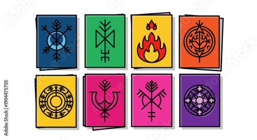 Set of Mystical Symbols and Pagan Runes on Colorful Cards