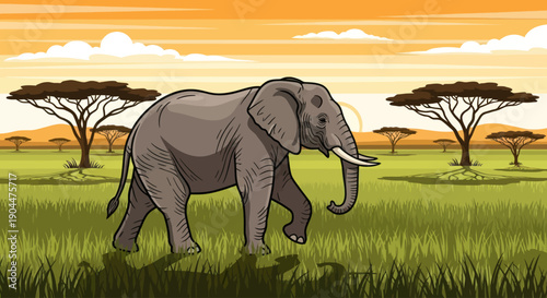 An African elephant walks through the savanna at a golden sunset.