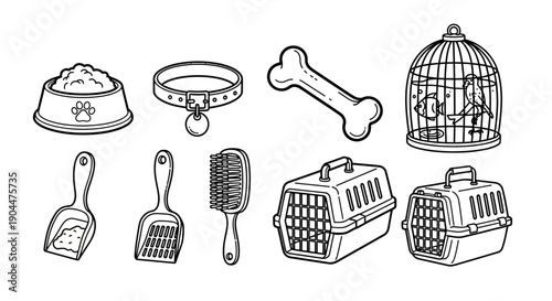 Pet Care Doodle Icons Set - Animal Supplies Line Art