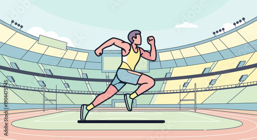 Dynamic male athlete sprinting on the running track in a large stadium.
