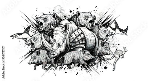 Dynamic wildlife illustration featuring a powerful rhino, roaring bears, wild boars, manta rays,